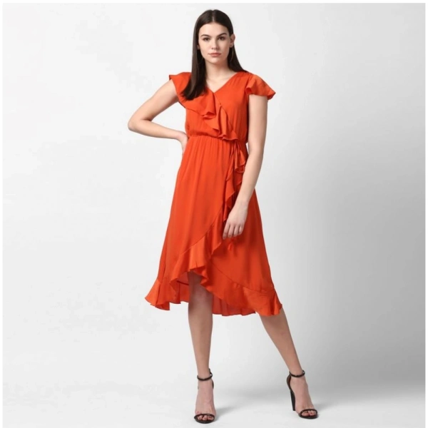 Women's Polyester Ruffled Cap Sleeve Knee-Length Dress (Orange) - XL