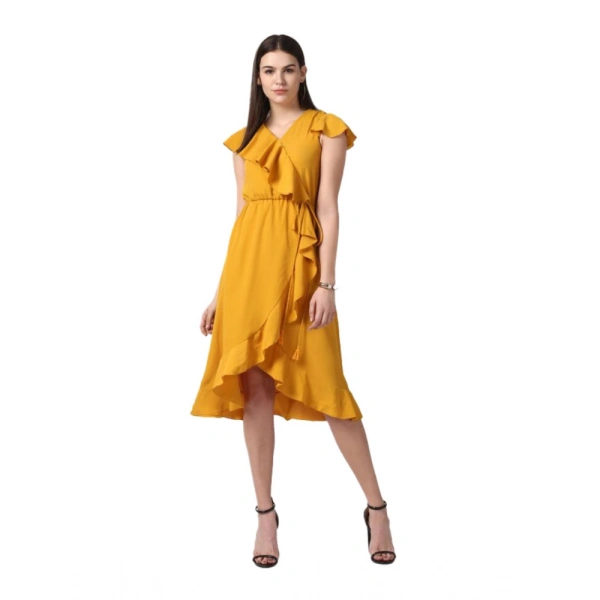 Women's Polyester Ruffled Cap Sleeve Knee-Length Dress (Yellow) - XL