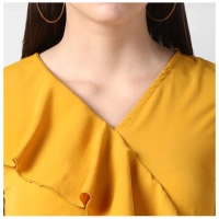 Women's Polyester Ruffled Cap Sleeve Knee-Length Dress (Yellow) - XL