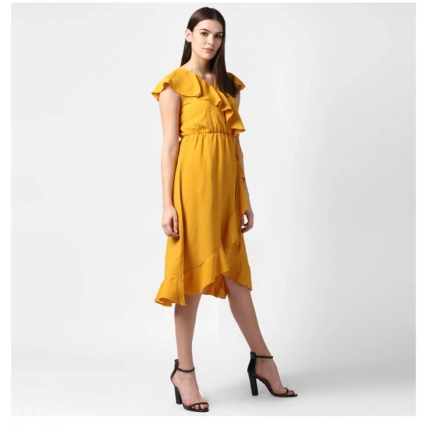 Women's Polyester Ruffled Cap Sleeve Knee-Length Dress (Yellow) - XL