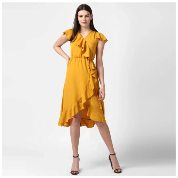 Women's Polyester Ruffled Cap Sleeve Knee-Length Dress (Yellow) - XL