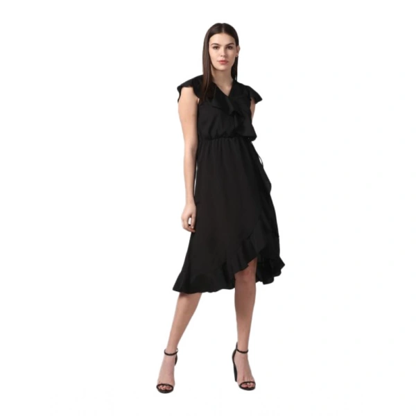 Women's Polyester Ruffled Cap Sleeve Knee-Length Dress (Black) - M