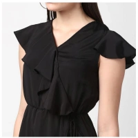 Women's Polyester Ruffled Cap Sleeve Knee-Length Dress (Black) - M