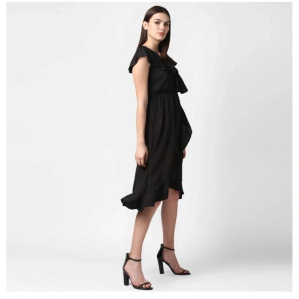 Women's Polyester Ruffled Cap Sleeve Knee-Length Dress (Black) - M