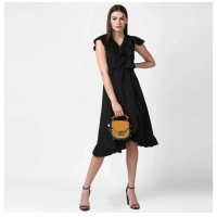 Women's Polyester Ruffled Cap Sleeve Knee-Length Dress (Black) - M