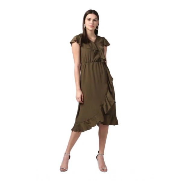 Women's Polyester Ruffled Cap Sleeve Knee-Length Dress (Olive) - L