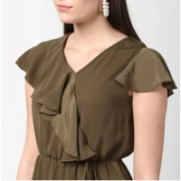 Women's Polyester Ruffled Cap Sleeve Knee-Length Dress (Olive) - L