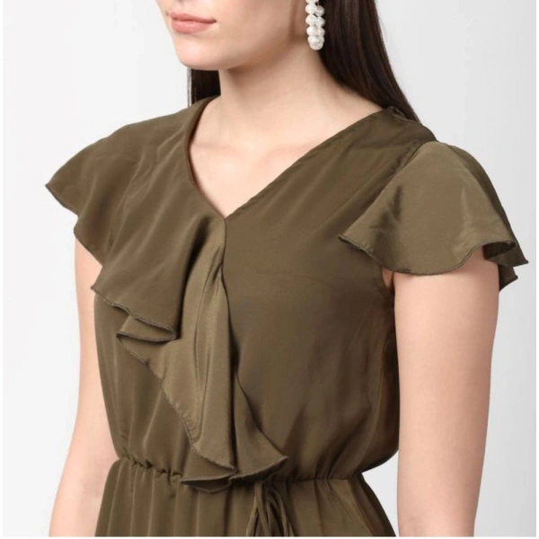 Women's Polyester Ruffled Cap Sleeve Knee-Length Dress (Olive) - L