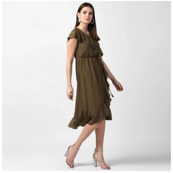 Women's Polyester Ruffled Cap Sleeve Knee-Length Dress (Olive) - L
