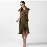 Women's Polyester Ruffled Cap Sleeve Knee-Length Dress (Olive) - L