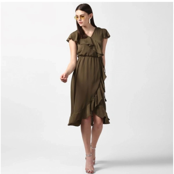 Women's Polyester Ruffled Cap Sleeve Knee-Length Dress (Olive) - L