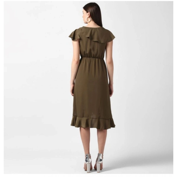 Women's Polyester Ruffled Cap Sleeve Knee-Length Dress (Olive) - L
