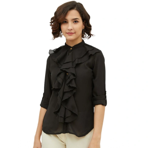Women's Polyester Ruffled Long Sleeves Standard Length Shirt (Black) - S