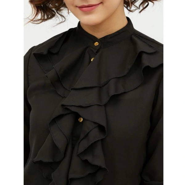 Women's Polyester Ruffled Long Sleeves Standard Length Shirt (Black) - S