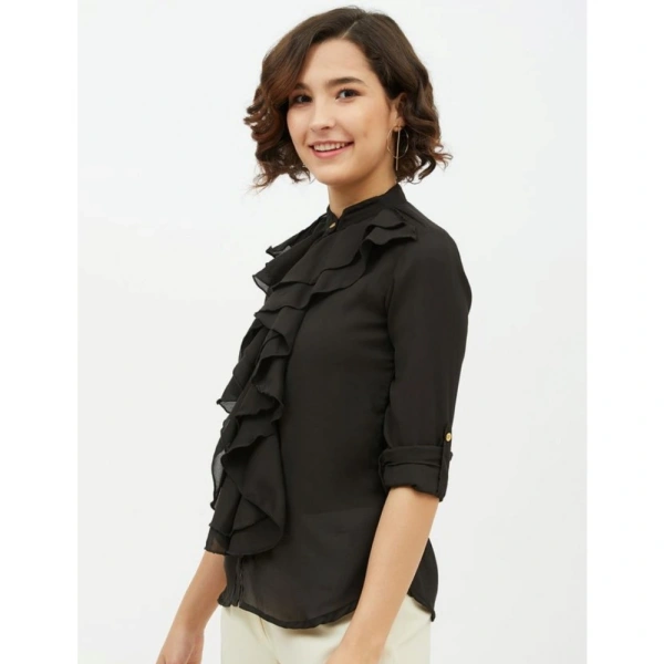 Women's Polyester Ruffled Long Sleeves Standard Length Shirt (Black) - S