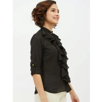 Women's Polyester Ruffled Long Sleeves Standard Length Shirt (Black) - S