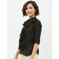 Women's Polyester Ruffled Long Sleeves Standard Length Shirt (Black) - S