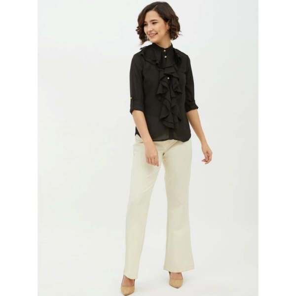 Women's Polyester Ruffled Long Sleeves Standard Length Shirt (Black) - S