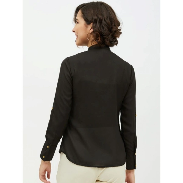 Women's Polyester Ruffled Long Sleeves Standard Length Shirt (Black) - S
