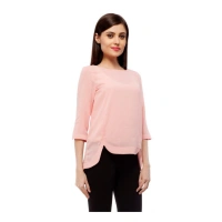 Women's Polyester Solid 3-4th Sleeves Regular Top (Peach) - L