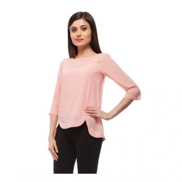 Women's Polyester Solid 3-4th Sleeves Regular Top (Peach) - L