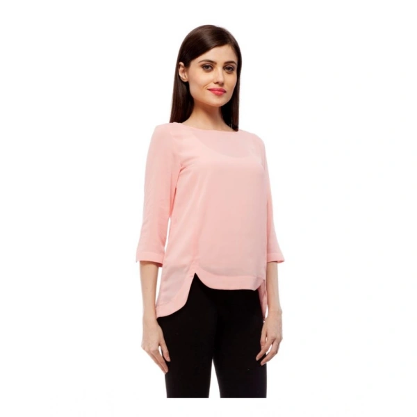Women's Polyester Solid 3-4th Sleeves Regular Top (Peach) - L