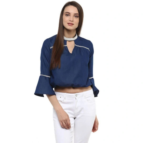 Women's Polyester Solid Bell Sleeve Regular Top (Blue) - S