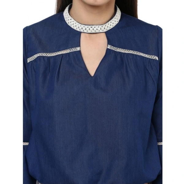 Women's Polyester Solid Bell Sleeve Regular Top (Blue) - S