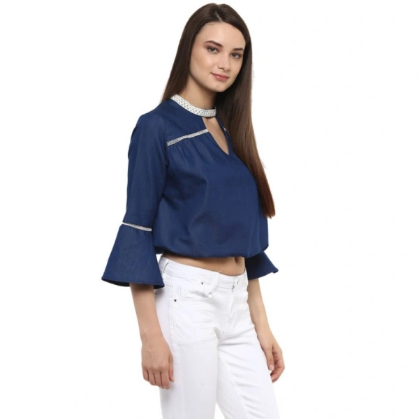 Women's Polyester Solid Bell Sleeve Regular Top (Blue) - S