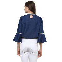Women's Polyester Solid Bell Sleeve Regular Top (Blue) - S