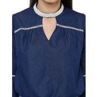 Women's Polyester Solid Bell Sleeve Regular Top (Blue) - XL