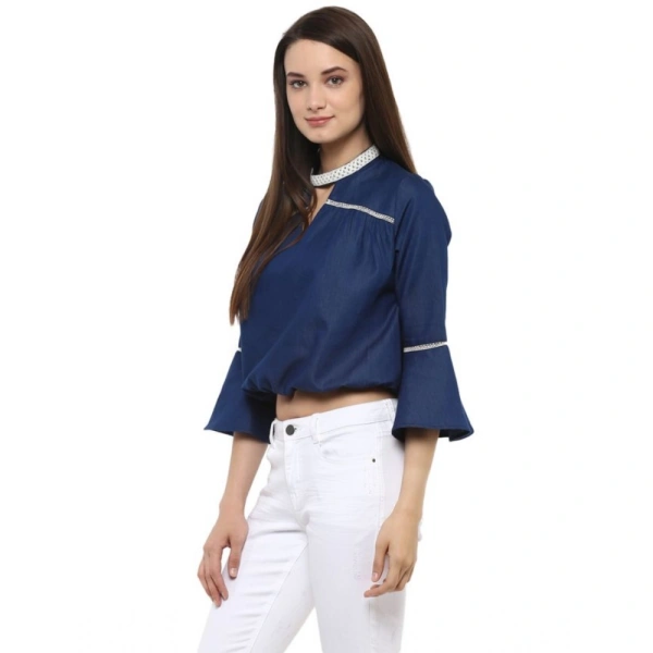 Women's Polyester Solid Bell Sleeve Regular Top (Blue) - XL