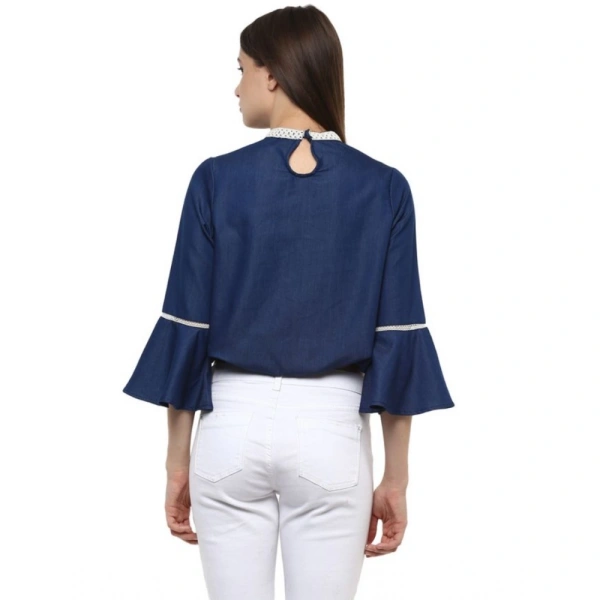 Women's Polyester Solid Bell Sleeve Regular Top (Blue) - XL