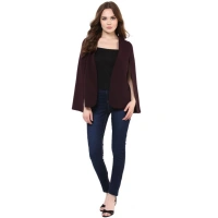 Women's Polyester Solid Cape Sleeve Blazer (Wine) - L