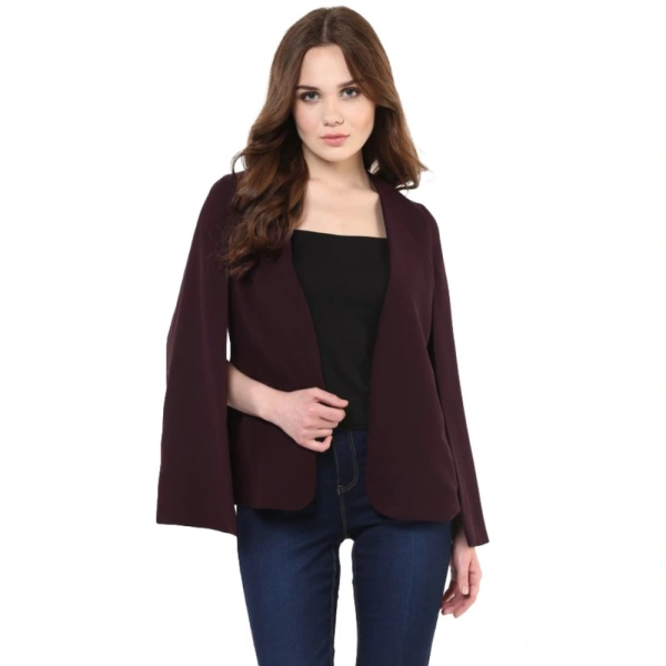 Women's Polyester Solid Cape Sleeve Blazer (Wine) - L