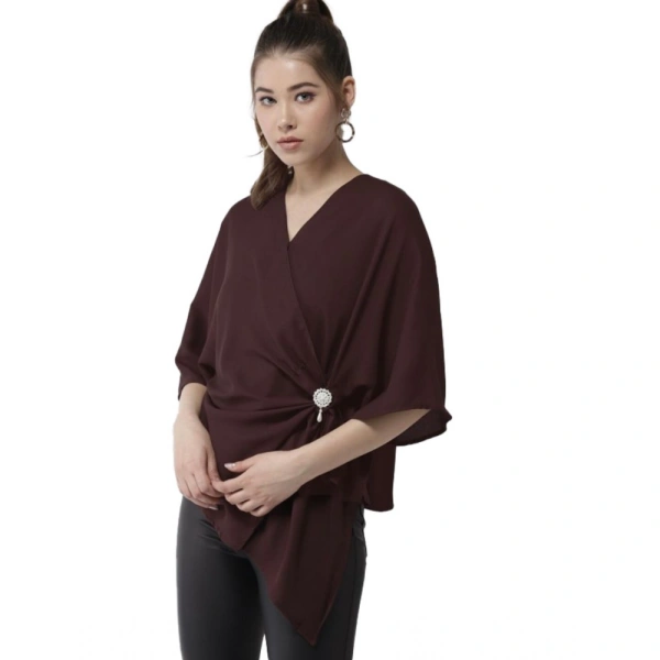 Women's Polyester Solid Cape Sleeve Top (Maroon) - M