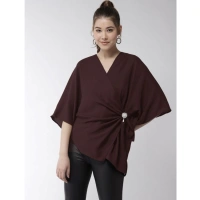 Women's Polyester Solid Cape Sleeve Top (Maroon) - M