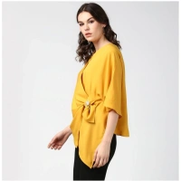 Women's Polyester Solid Cape Sleeve Top (Yellow) - M