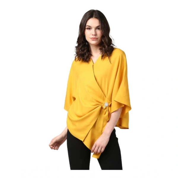 Women's Polyester Solid Cape Sleeve Top (Yellow) - M