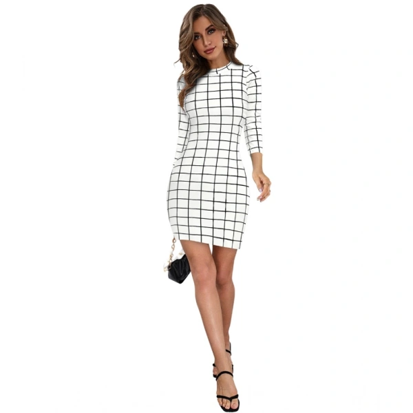 Women's Polyester Solid High Neck Full Sleeve Dresses (White) - M