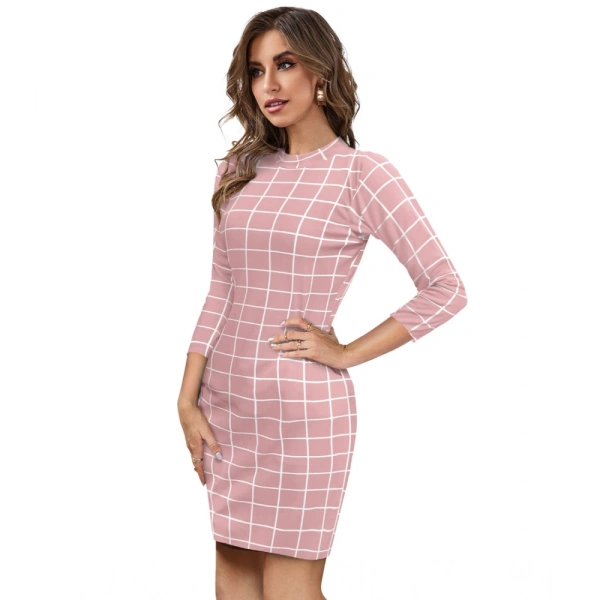 Women's Polyester Solid High Neck Full Sleeve Dresses (Peach) - L