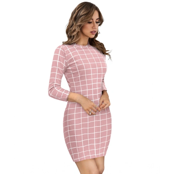 Women's Polyester Solid High Neck Full Sleeve Dresses (Peach) - L