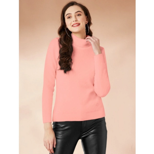 Women's Polyester Solid High Neck Full Sleeve T-Shirt (Peach) - L
