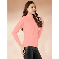 Women's Polyester Solid High Neck Full Sleeve T-Shirt (Peach) - L