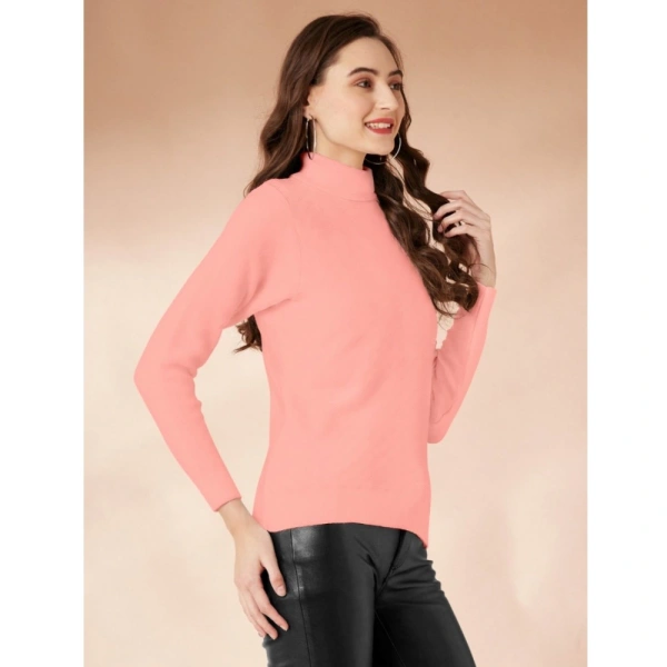Women's Polyester Solid High Neck Full Sleeve T-Shirt (Peach) - L
