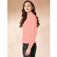 Women's Polyester Solid High Neck Full Sleeve T-Shirt (Peach) - L