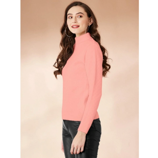 Women's Polyester Solid High Neck Full Sleeve T-Shirt (Peach) - L