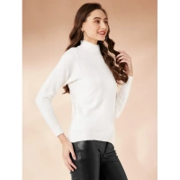 Women's Polyester Solid High Neck Full Sleeve T-Shirt (White) - L