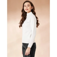Women's Polyester Solid High Neck Full Sleeve T-Shirt (White) - L