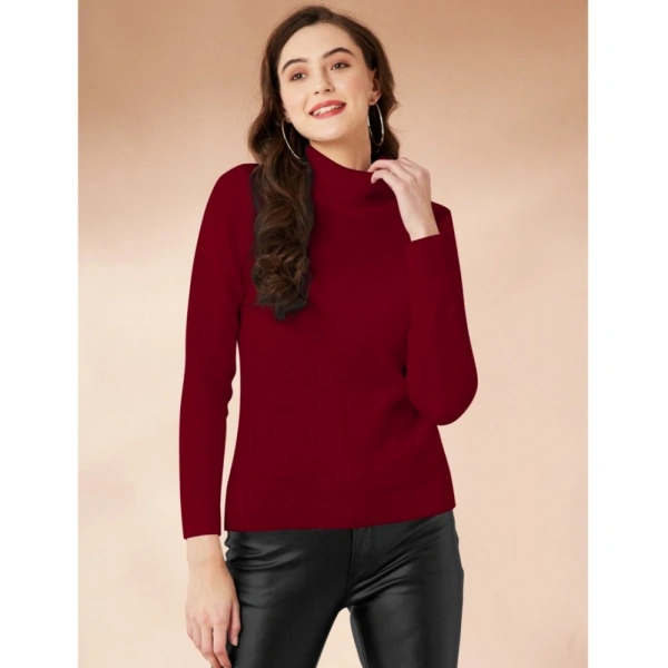 Women's Polyester Solid High Neck Full Sleeve T-Shirt (Maroon) - L